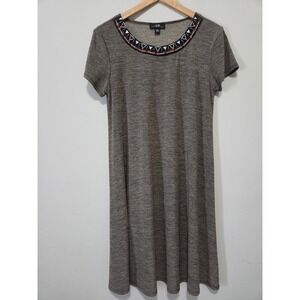 AGB Womens Beaded Neckline Space Dye T-Shirt Dress Gray Size 10 Short Sleeve